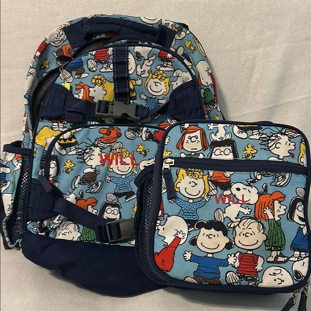 Kids Pottery Barn peanuts cartoon Character Backpack and Lunchbox Set - Blue